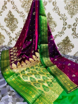 rgsaree Woven Banarasi Satin Saree(Purple, Green)