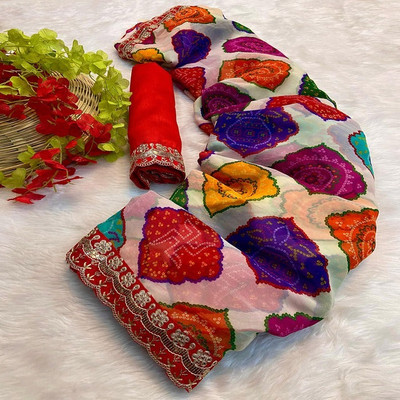 Hirank Printed Bandhani Georgette Saree(White)
