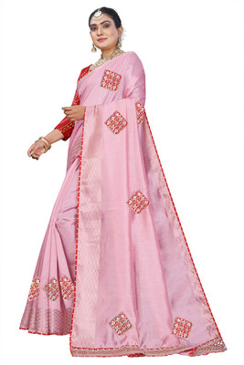 Dhanlaxmi Creation Embroidered Handloom Cotton Blend Saree(Pink)