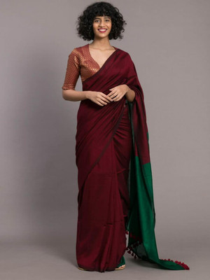 Bholanath Solid/Plain Handloom Cotton Blend Saree(Brown)