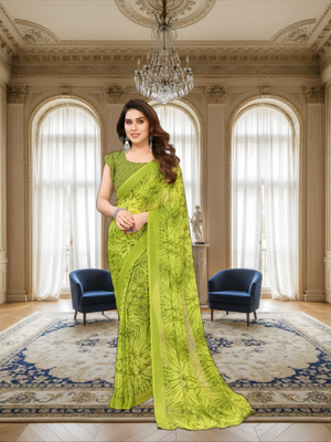 SmittenSmit Printed Bollywood Georgette Saree(Green)
