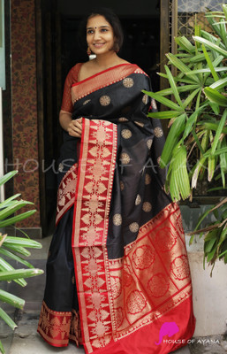 VASTUKALA Woven Kanjivaram Pure Silk, Art Silk Saree(Black, Red)