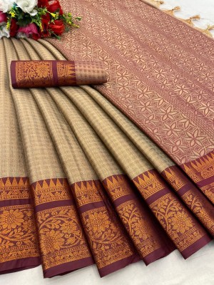 THESIYA FAB Printed Bollywood Jacquard, Art Silk Saree(Cream, Brown)