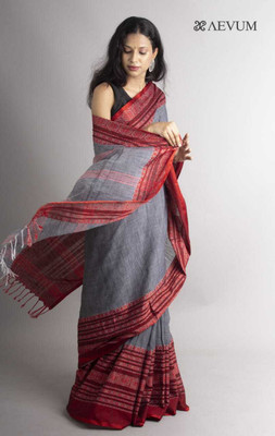 Sthaker Self Design Tant Pure Cotton Saree(Red, Grey)