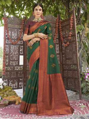 VASTUKALA Woven Kanjivaram Pure Silk, Art Silk Saree(Green, Maroon)