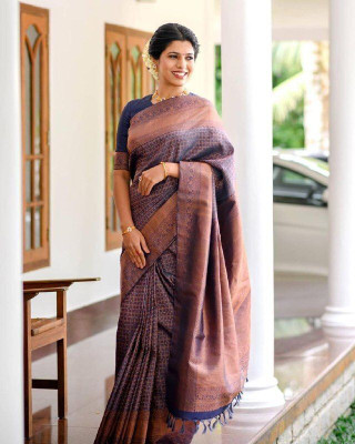 HouseOfCommon Striped Banarasi Pure Silk Saree(Blue)