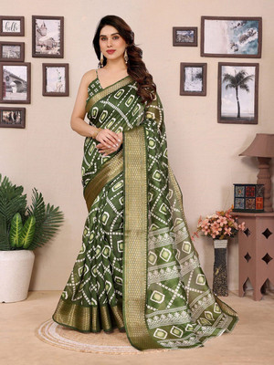 Moda Rapido Printed Bandhani Cotton Blend Saree(Green)