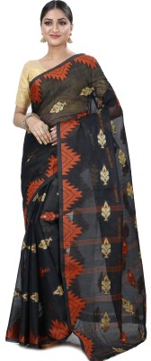 DipDiya Temple Border Tant Pure Cotton Saree(Black)