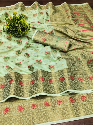 Keswi Fab Woven, Self Design, Embellished, Applique Kanjivaram Jacquard, Art Silk Saree(Light Green)