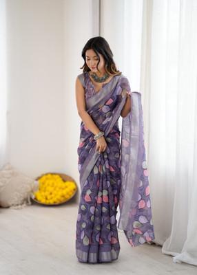BHAGYAVATI DESIGNER Floral Print Bollywood Linen Saree(Purple)
