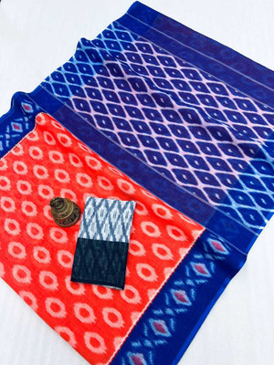Margi Designers Graphic Print Handloom Cotton Linen Saree(Orange)