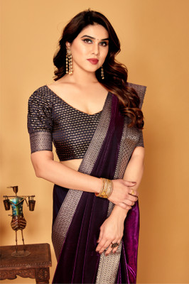 Parmila Fashion Solid/Plain Bollywood Silk Blend Saree(Purple)