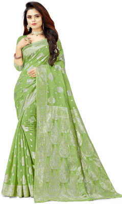Moda Rapido Woven Banarasi Cotton Blend Saree(Light Green)