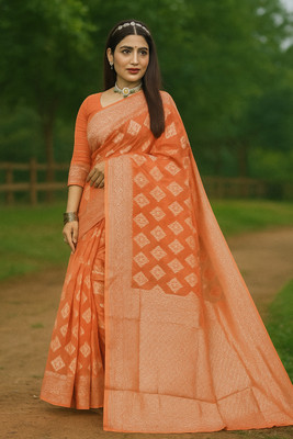Saadhvi Woven Banarasi Cotton Blend Saree(Orange)