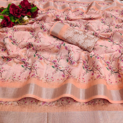 Myraani Digital Print Bollywood Cotton Linen Saree(Pink)