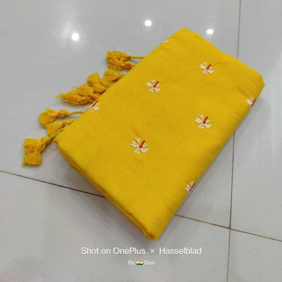 basak Solid/Plain, Embroidered Handloom Cotton Silk Saree(Yellow)