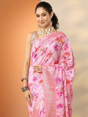 LIBAS Printed Daily Wear Silk Blend Saree(Pink)
