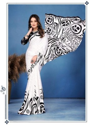 Dori Geometric Print Daily Wear Satin Saree(White)