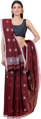 Durga Handlooms Solid/Plain Handloom Cotton Linen Saree(Red)