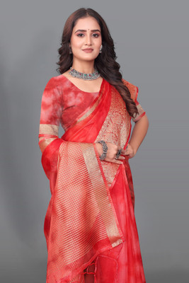 Aarunika SBT Solid/Plain Bollywood Organza Saree(Red)