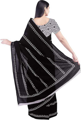 NIKHILAM Printed Hand Batik Pure Cotton Saree(Black)