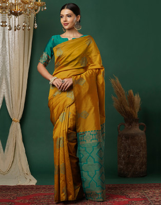 Samah Dyed, Self Design, Woven Banarasi Silk Blend Saree(Mustard, Blue)