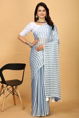 Zenophily Striped Bollywood Art Silk Saree(Blue)