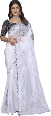 A To Z Cart Solid/Plain Bollywood Organza Saree(White)