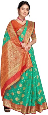 Manokamna Woven Banarasi Organza Saree(Green, Red)