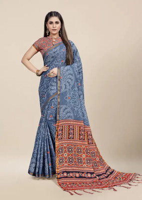 HouseOfCommon Floral Print Bollywood Cotton Linen Saree(Blue)
