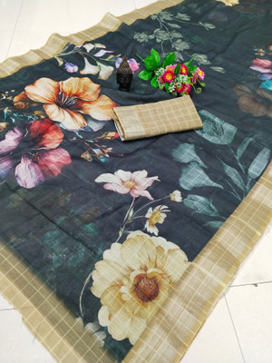 PRTRENDZ Printed Kanjivaram Linen, Cotton Linen Saree(Black)