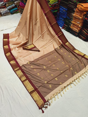 Fab Silk Embroidered Kanjivaram Silk Blend Saree(Beige)