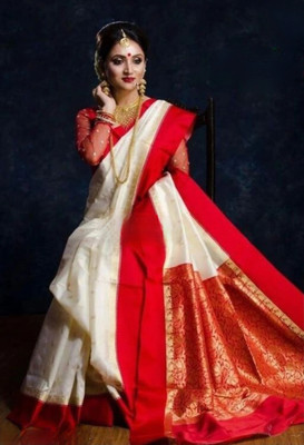 Satin Woven Banarasi Satin Saree(Cream, Red)