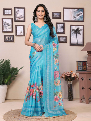 RHEY Embellished Bollywood Pure Cotton Saree(Light Blue)
