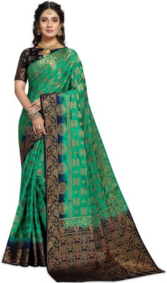 iZibra Self Design, Woven Banarasi Pure Silk, Cotton Silk Saree(Dark Blue, Green)