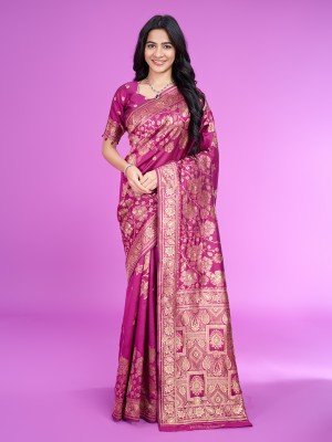 RICH & ROMAN Embellished, Woven Banarasi Jacquard, Pure Silk Saree(Magenta)