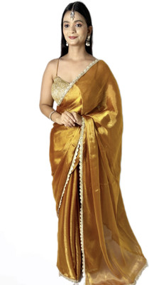 WL BY SHREYA RAJPUT Solid/Plain, Self Design Bollywood Tissue, Chiffon Saree(Gold)