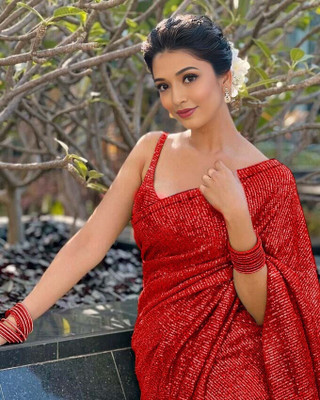HouseOfCommon Embellished, Embroidered Bollywood Georgette Saree(Red)