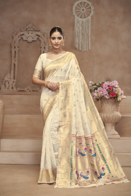 ROOP LAVANYA Woven Kanjivaram Jacquard, Cotton Silk Saree(Cream)