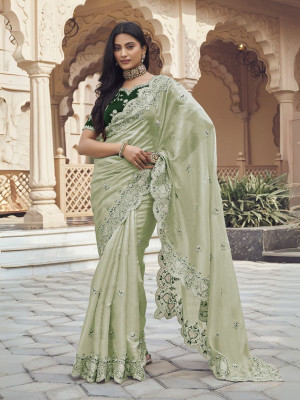 odette Embellished Saree with Attached Blouse Silk Blend Saree(Pack of 2, Light Green)