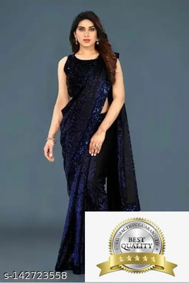Online Bazaaar Embellished Bollywood Lycra Blend Saree(Dark Blue)