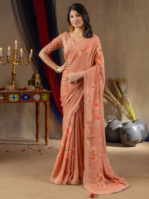 Sareemall Printed Hand Batik Viscose Rayon Saree(Orange)