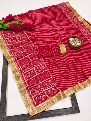 Kanooda Prints Printed Leheria Georgette Saree(Red)