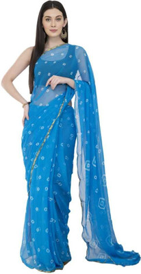 REBOOT FASHIONS Printed Bandhani Chiffon Saree(Light Blue)