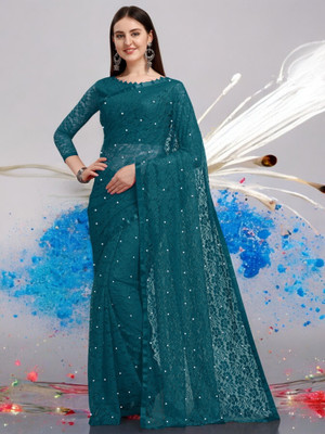 NORAFLEX Embroidered Bollywood Net Saree(Blue)