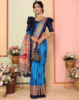 YASHIKA Printed Kalamkari Art Silk Saree(Blue)