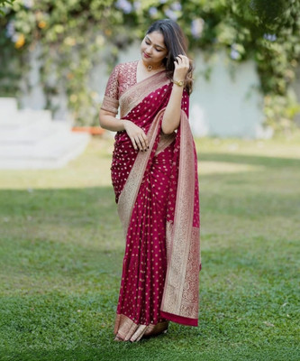 SHREE KSHETRAPAL CREATION Self Design Banarasi Pure Silk Saree(Maroon)