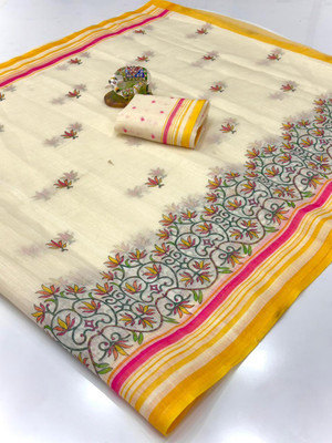 SDGRATITUDE Floral Print, Striped, Printed Daily Wear Cotton Linen, Linen Saree(White)