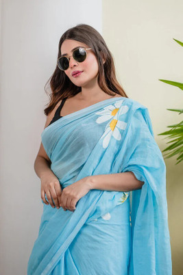 WINKLECART Floral Print Handloom Pure Cotton Saree(Light Blue)
