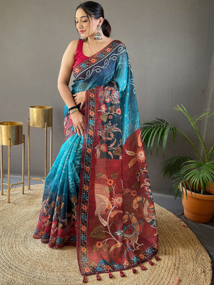 SGF11 Self Design Handloom Silk Blend Saree(Blue)